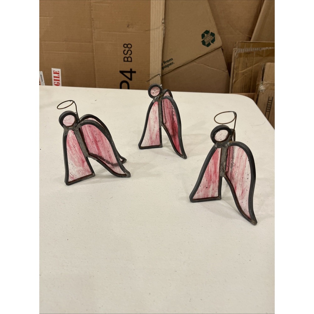 3 Vtg Hand Made Pink Stained Glass 3-D Forged Metal Leaded Angel Figurine